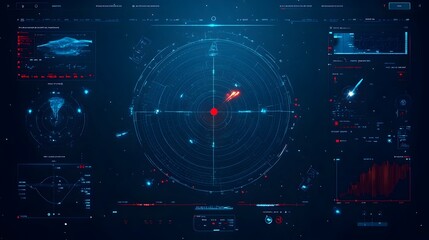 Fototapete - Detailed Radar Screen Displaying Real Time Tracking of Missile Trajectories and Movements on a Futuristic Military Command and Control Interface