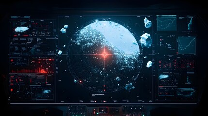 Fototapete - Detailed radar screen interface displaying live data on iceberg locations and positions to enhance maritime safety and navigation for vessels ships and boats operating in cold ocean environments