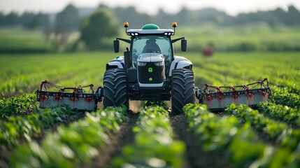 Poster - Detailed shot of a modern autonomous self driving tractor navigating through a lush verdant agricultural field