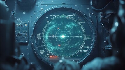 Poster - Detailed shot of a submarine radar screen displaying comprehensive underwater activity and depth measurements capturing the advanced technology used for maritime navigation and