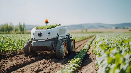 Poster - Detailed view of an advanced autonomous weeding machine navigating precisely through a row of crops