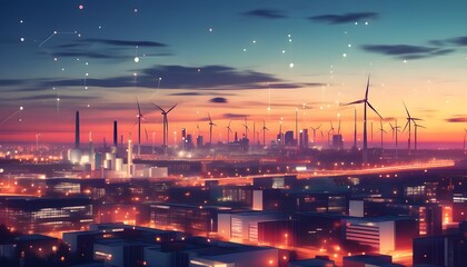 Wall Mural - Sunset Cityscape Energized by Wind Turbines Emphasizing Sustainable Green Energy Solutions