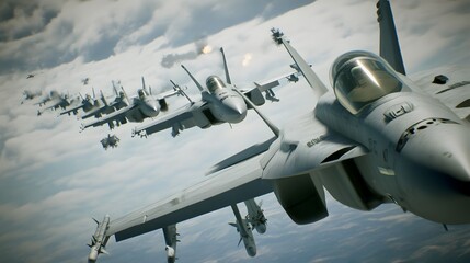Poster - Dramatic aerial scene showcasing a squadron of elite fighter jets maneuvering in formation the panning dynamically to reveal the approaching enemy jets from the side