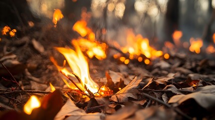 Aufkleber - Dramatic close up view of an intense wildfire rapidly spreading through dry underbrush igniting dead leaves and branches in a fiery of orange and red flames