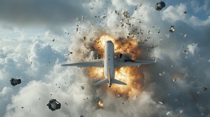 Poster - Dramatic scene of a jet aircraft bursting violently through a cloud with debris scattering rapidly around the as it captures the intense chaotic movement and energy of the moment