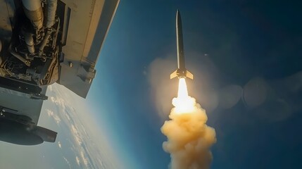 Poster - Dramatic shot of a missile launching from the undercarriage of a high speed fighter jet with the panning upward to track its powerful trajectory as it soars into the dramatic sky above