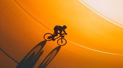 Aufkleber - Dramatic silhouette of a track cyclist racing around a velodrome their figure highlighted against the vivid colors of the early morning dawn sky