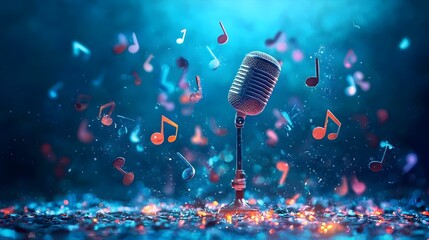Poster - Elegant and ethereal image of a glowing microphone surrounded by floating musical notes against a soft blurred bokeh background creating a captivating and atmosphere