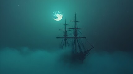 Aufkleber - Ethereal Ghostly Ship Emerges from the Misty Depths of the Bermuda Triangle under the Dramatic Glow of a Moonlit Night Sky