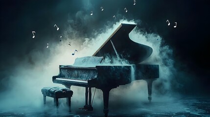 Poster - Ethereal grand piano covered in a veil of mist with soft light highlighting the keys as musical notes seem to float and dance in the air creating a serene and enchanting atmosphere