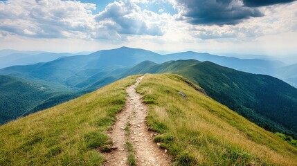 Wall Mural - Beautiful mountain view on a holiday hiking trail, with space for text in the sky.