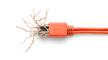Poster - Frayed and tangled extension cord with exposed wiring isolated on a plain white background  Conceptual image representing electrical hazards dangers of faulty equipment