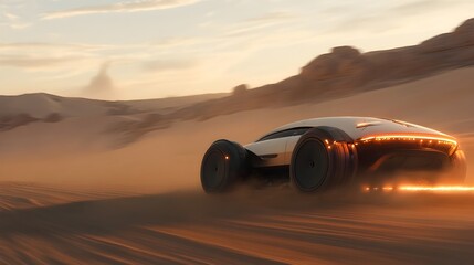 Poster - Futuristic car racing at high speed across the desert dunes leaving a mesmerizing trail of glowing lights in its wake creating a surreal and dynamic scene of energy and motion