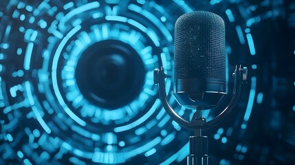 Fototapete - Futuristic microphone enveloped by holographic sound waves set against a sleek metallic backdrop with a modern dynamic atmosphere  This image evokes a high tech