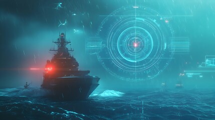 Fototapete - Futuristic radar screen showing distorted anomalous signals as a ship passes through the mysterious Bermuda Triangle region  Geospatial data visualization of unexplained maritime phenomenon