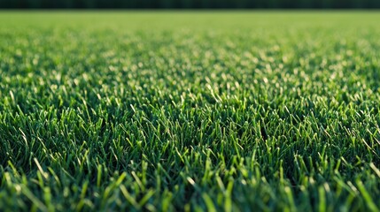 Close-up of the green grass in a large football stadium, with ample room for copy.