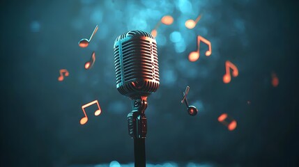 Poster - Glowing Microphone Surrounded by Floating Musical Notes with Soft Bokeh Background   A Captivating Representation of the Creative Essence of Music Performance and Production