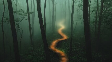 Aufkleber - Glowing Pathway Emerging from Misty Forest Symbolizing Clarity and Direction Amidst Uncertainty  Ethereal Mystical and Conceptual Landscape Scene