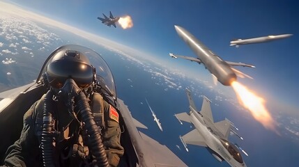 Poster - High Speed Fighter Jets Engaged in Intense Aerial Dogfight with Missile Launches Across the Sky  Dynamic Action Scene of Military Aviation Warfare Technology in Motion
