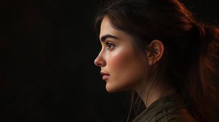 Wall Mural - Close-up Profile of a Young Woman with Long Brown Hair