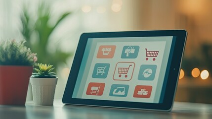 Poster - Ecommerce icons and graphs displayed on a tablet screen, with room for copy.