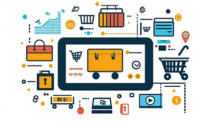 Poster - Ecommerce icons and graphs displayed on a tablet screen, with room for copy.