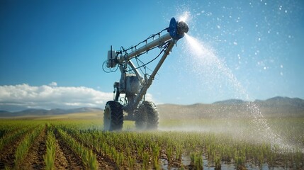 Aufkleber - image of a pivot irrigation sprinkler system spraying water droplets mid air over an agricultural field showcasing the advanced technology and water management practices used in modern farming