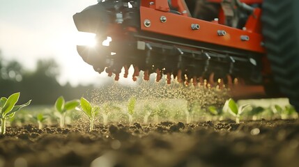 Poster - image of a precision planter machine meticulously depositing seeds in perfect evenly spaced rows on an agricultural field