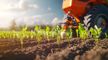 Poster - image of a precision planter machine accurately depositing seeds in perfect rows on a vast agricultural field showcasing advanced farming technology and efficient crop cultivation