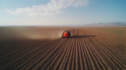 Poster - image of a sophisticated precision planter machine precisely depositing seeds in perfect parallel rows on a cultivated farmland or agricultural field