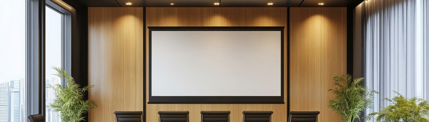 Wall Mural - Modern Conference Room with Large Screen and City View, Ideal for Business Meetings and Presentations