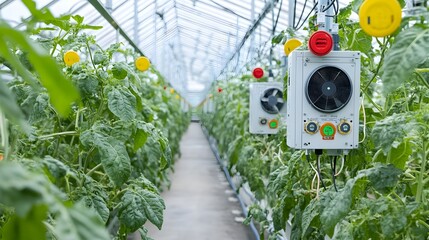 Poster - image showcasing the advanced sensors and fans of an automatic greenhouse climate control system designed for efficient monitoring and regulation of indoor horticulture environments