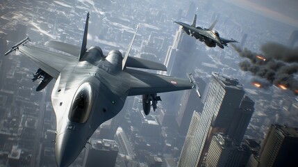 Poster - Intense Air Battle Scene with Fighter Jets Weaving Between Towering Skyscrapers in the Futuristic Urban Cityscape Showcasing High Speed Aerial Maneuvers and Military Technology