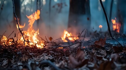 Aufkleber - Intense flames creeping through dry underbrush igniting dead leaves and branches in a raging wildfire outbreak  The fiery blaze consumes the surrounding vegetation