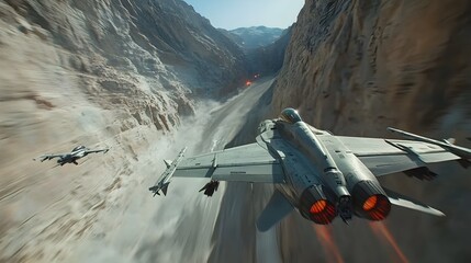 Poster - Intense high speed aerial dogfight of advanced fighter jets maneuvering through a narrow canyon the racing to track their dynamic turns and combat maneuvers