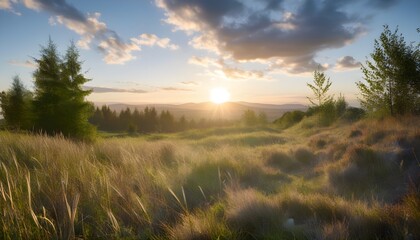 Wall Mural - Tranquil sunset over a lush green field, showcasing scenic summer landscapes with vibrant grass, majestic trees, and panoramic mountain views beneath a clear blue sky