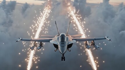 Poster - Jet aircraft releasing flares to evade and confuse heat seeking missiles with the panning horizontally to capture the dramatic explosive bursts of light against the sky