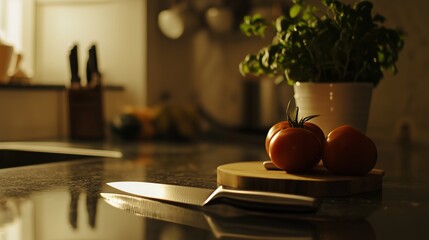 Wall Mural - Fresh ingredients and a sharp knife on a kitchen counter during evening light