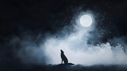 lone wolf silhouette howling up at the ethereal full moon in a moody inky night sky with soft atmosp
