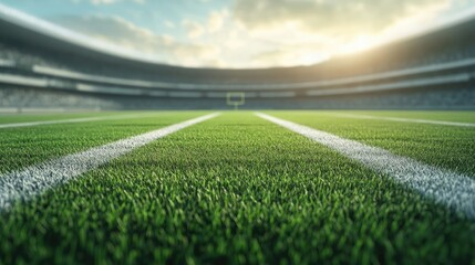 Green grass and white lines of a football stadium field, with plenty of space for copy.