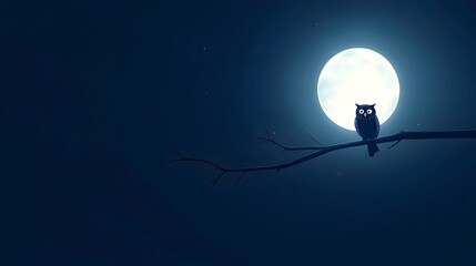 Aufkleber - Majestic owl perched on a branch in a minimalist serene nighttime landscape under the glow of a full moon  The scene exudes a quiet contemplative atmosphere