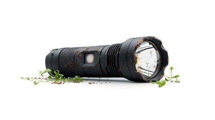 Poster - Malfunctioning flashlight with cracked and exposed light bulb isolated on a plain white studio background  Concept of equipment failure technical malfunction or damaged device