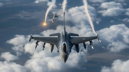 Poster - Maneuvering Fighter Jets Weaving Through Cloudy Skies in High Speed Aerial Pursuit