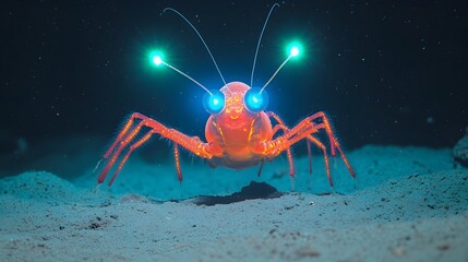 Poster - Mesmerizing image of a deep sea crustacean with enchanting glowing antennae and a captivating segmented reflective body