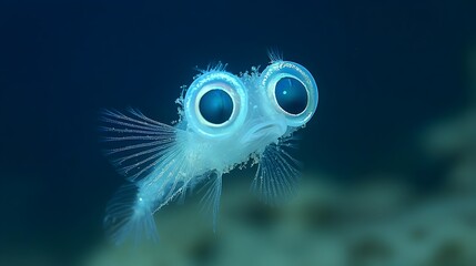 Poster - Mesmerizing Metallic Hatchetfish with Glowing Eyes in the Deep Sea   Close up view of a deep sea hatchetfish showcasing its unique reflective iridescent body and large luminous eyes