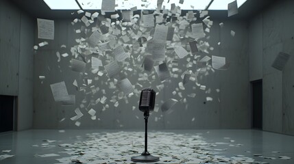 Poster - Microphone enveloped in a whirlwind of floating paper sheets creating a dynamic and abstract visual effect  The image represents the concept of communication technology and creative expression