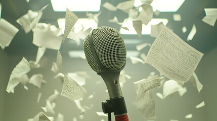 Poster - Microphone Surrounded by Floating Papers in Wind Tunnel Creating a Whirlwind Effect for Creative and Multimedia Concepts