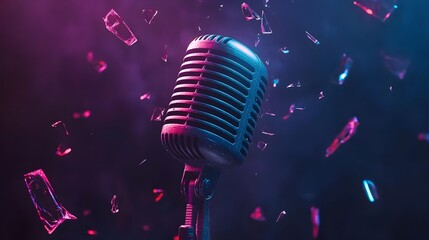 Fototapete - Microphone surrounded by shattered neon light tubes creating a burst of vibrant colors and energetic lighting in the darkness making for an abstract and captivating digital artwork