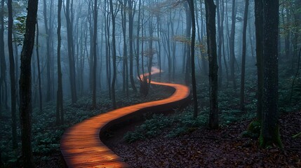 Poster - Misty forest with a glowing pathway emerging symbolizing clarity and direction amidst uncertainty and the unknown  A serene and enchanting scene inviting and contemplation