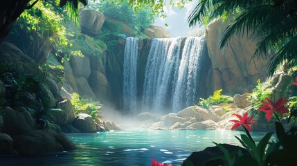 Wall Mural - Scenic waterfall in a tropical holiday destination, leaving ample room for copy.